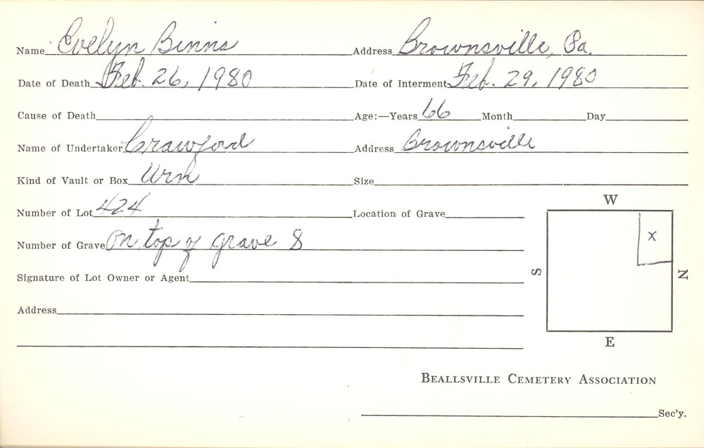 Evelyn binns burial card